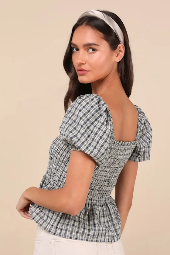 Charming Sense Cream and Navy Gingham Smocked Peplum Top sold by Lulus product image thumbnail 2
