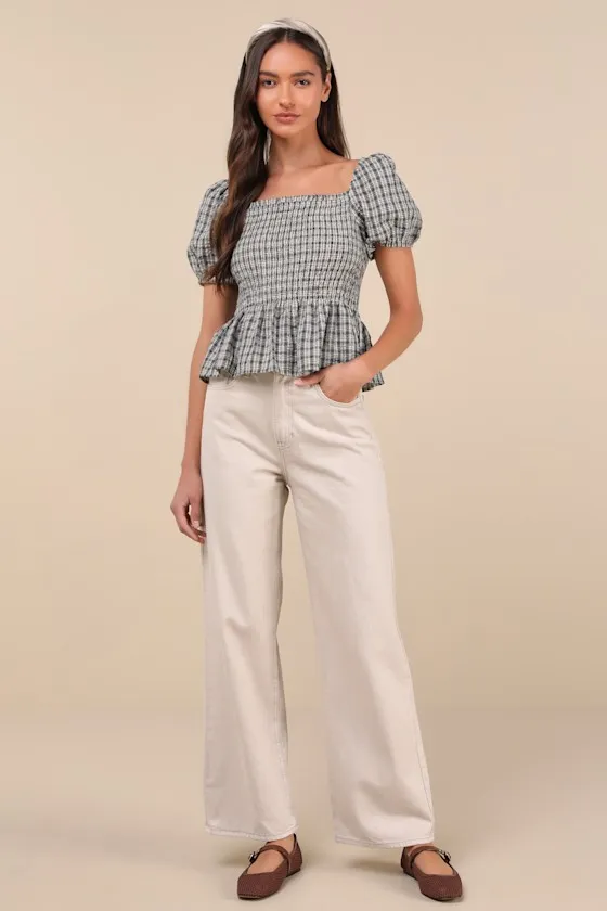 Charming Sense Cream and Navy Gingham Smocked Peplum Top sold by Lulus product image thumbnail 3