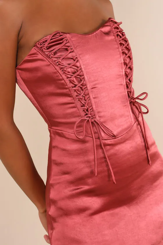 Enticing Aesthetic Rusty Rose Satin Lace-Up Strapless Mini Dress sold by Lulus product image thumbnail 4