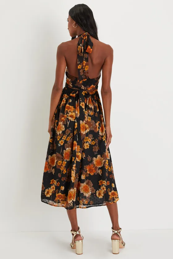Charming Vision Black Floral Swiss Dot Lurex Halter Midi Dress sold by Lulus product image thumbnail 2