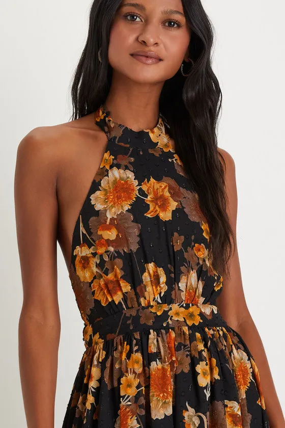 Charming Vision Black Floral Swiss Dot Lurex Halter Midi Dress sold by Lulus product image thumbnail 3