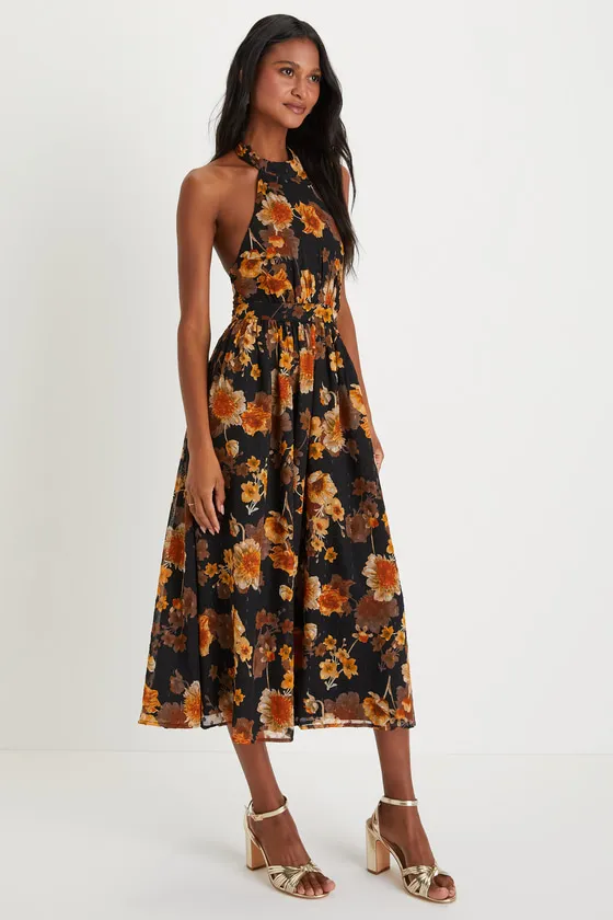 Charming Vision Black Floral Swiss Dot Lurex Halter Midi Dress sold by Lulus product image thumbnail 4