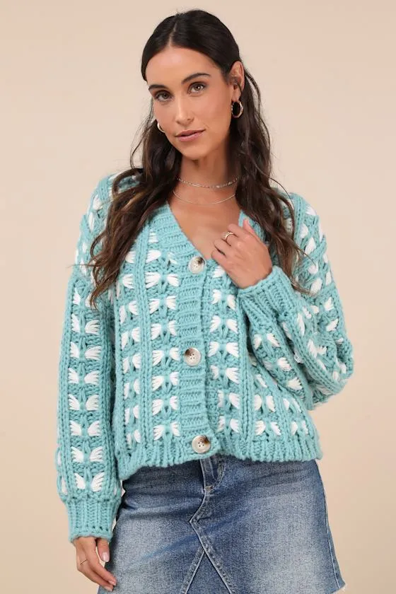 Hannah Turquoise and White Chunky Cardigan Sweater sold by Lulus