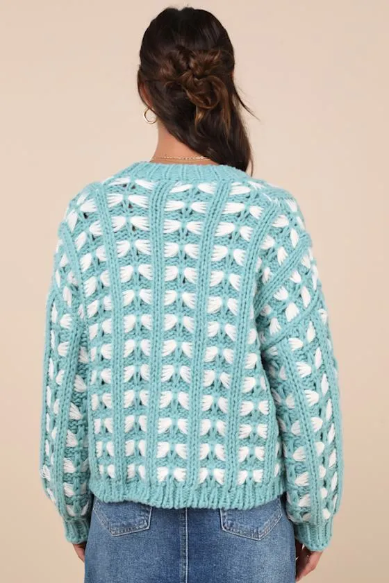 Hannah Turquoise and White Chunky Cardigan Sweater sold by Lulus product image thumbnail 2