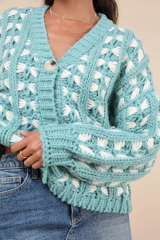 Hannah Turquoise and White Chunky Cardigan Sweater sold by Lulus product image thumbnail 4