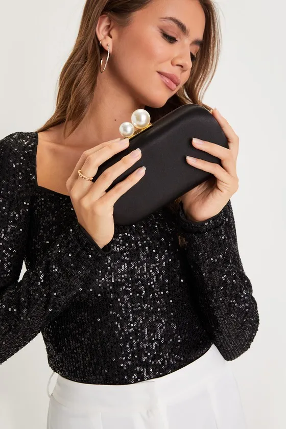 Poised Feelings Black Satin Pearl Box Clutch sold by Lulus product image thumbnail 2