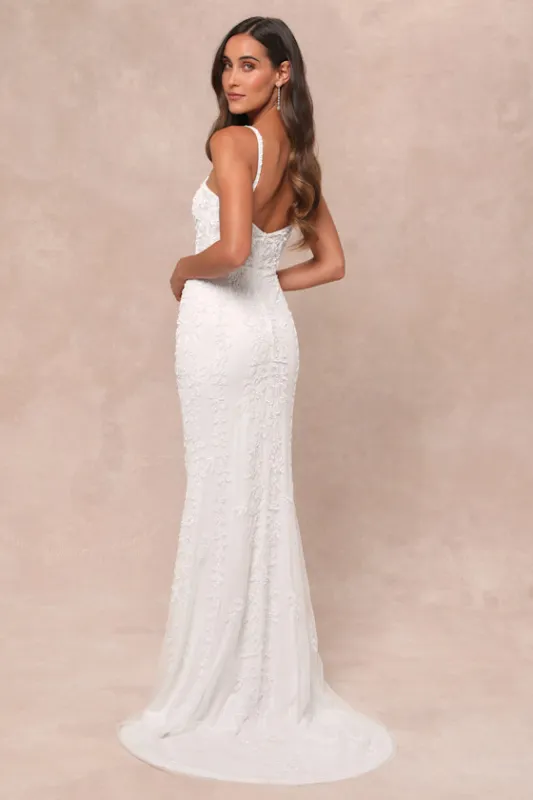 Momentous Love White Beaded Bustier Mesh Mermaid Maxi Dress sold by Lulus