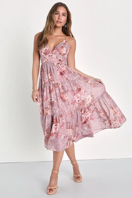 Lovely Energy Mauve Floral Print Tiered Backless Midi Dress sold by Lulus