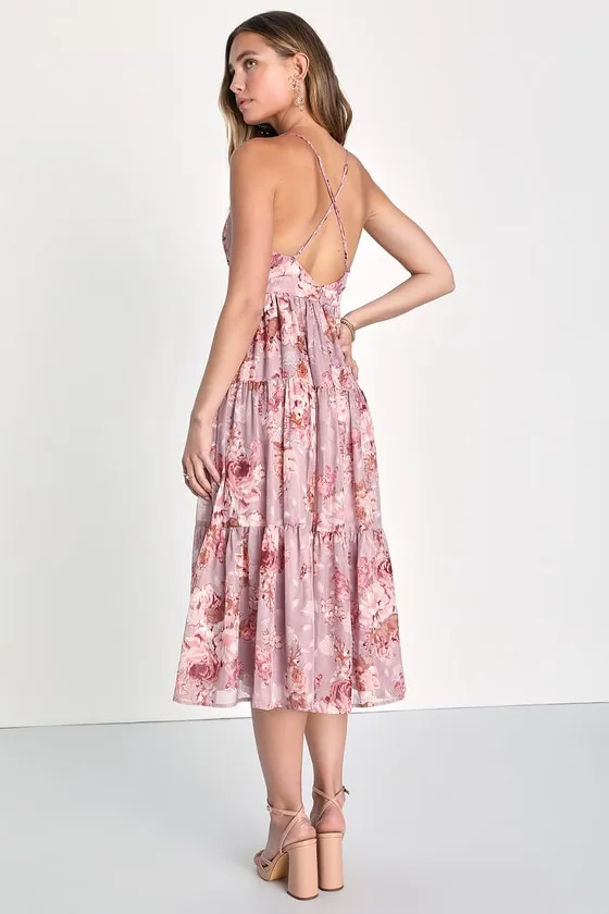 Lovely Energy Mauve Floral Print Tiered Backless Midi Dress sold by Lulus product image thumbnail 2