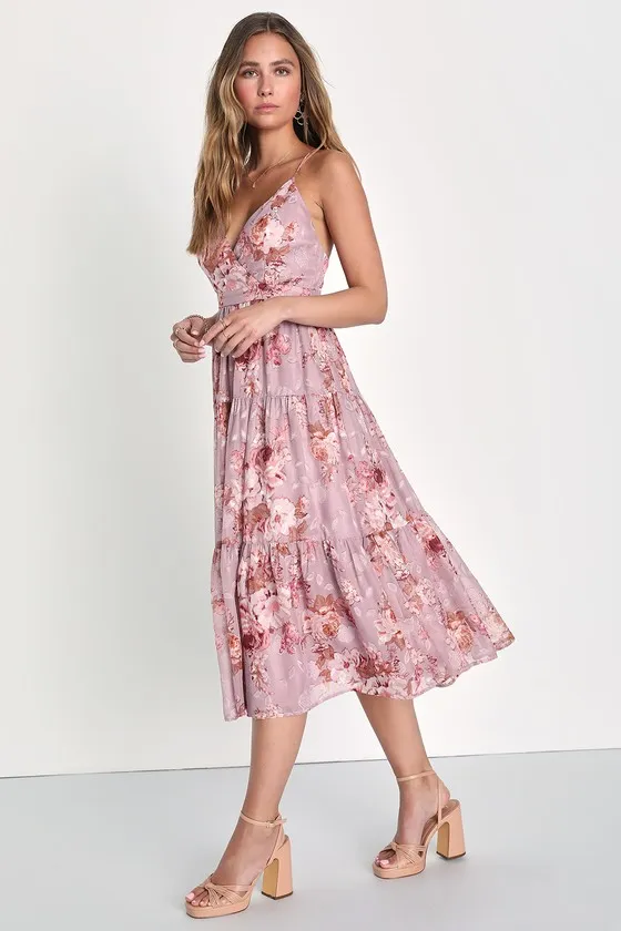 Lovely Energy Mauve Floral Print Tiered Backless Midi Dress sold by Lulus product image thumbnail 3