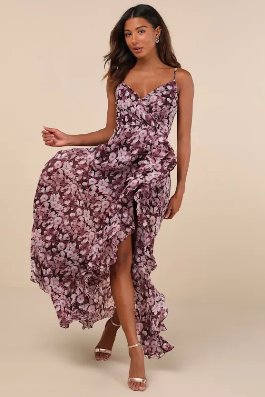 Illustrious Aura Plum Purple Floral Ruffled Surplice Maxi Dress sold by Lulus