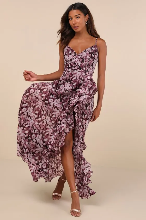 Illustrious Aura Plum Purple Floral Ruffled Surplice Maxi Dress sold by Lulus