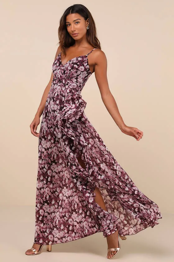Illustrious Aura Plum Purple Floral Ruffled Surplice Maxi Dress sold by Lulus product image thumbnail 3