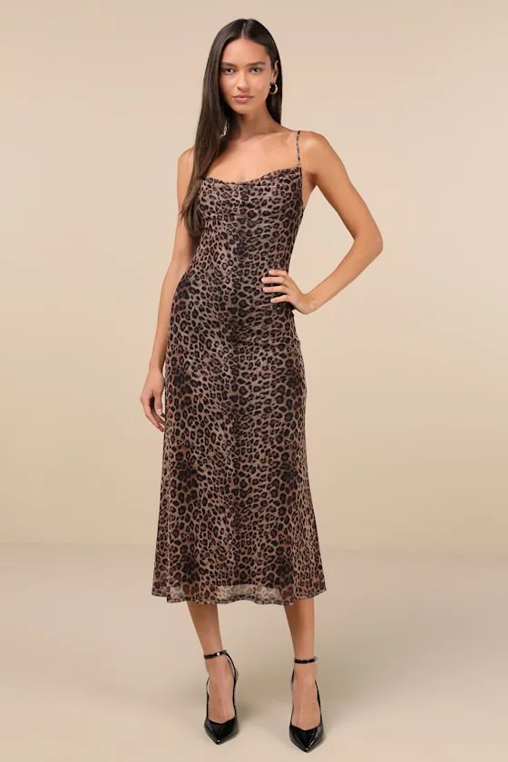 Flirty Destiny Brown Leopard Print Mesh Cowl Neck Midi Dress sold by Lulus