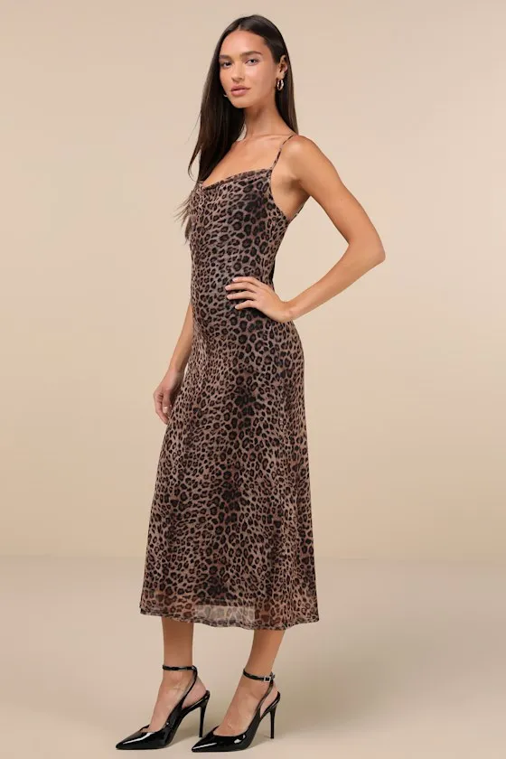 Flirty Destiny Brown Leopard Print Mesh Cowl Neck Midi Dress sold by Lulus product image thumbnail 2