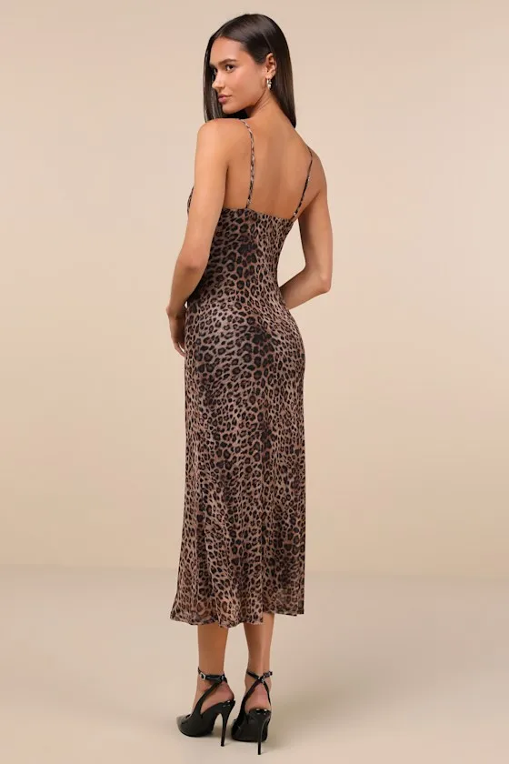 Flirty Destiny Brown Leopard Print Mesh Cowl Neck Midi Dress sold by Lulus product image thumbnail 4