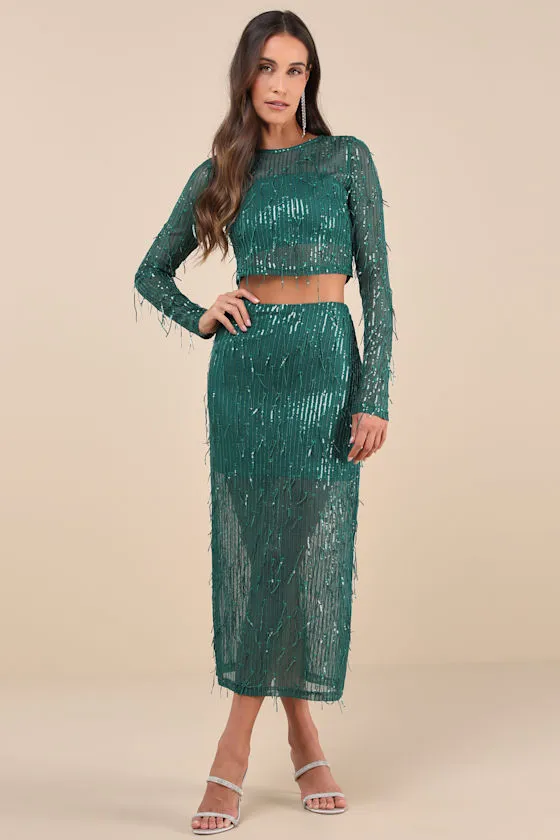 Greatest Sparkle Green Mesh Sequin Fringe Two-Piece Midi Dress sold by Lulus