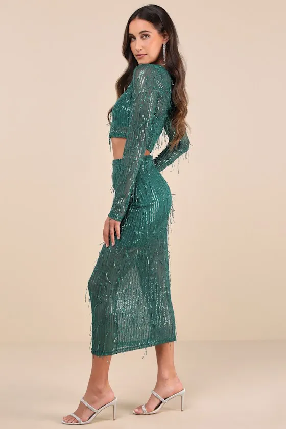Greatest Sparkle Green Mesh Sequin Fringe Two-Piece Midi Dress sold by Lulus product image thumbnail 2