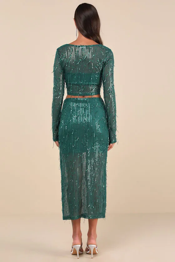 Greatest Sparkle Green Mesh Sequin Fringe Two-Piece Midi Dress sold by Lulus product image thumbnail 3