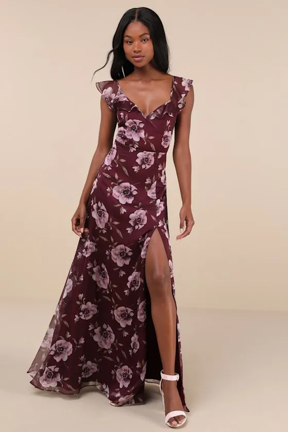 Sweetest Entrance Plum Purple Floral Ruffled Tie-Back Maxi Dress sold by Lulus