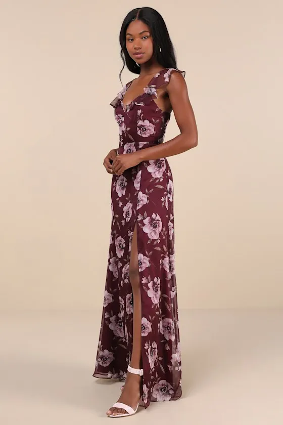 Sweetest Entrance Plum Purple Floral Ruffled Tie-Back Maxi Dress sold by Lulus product image thumbnail 4