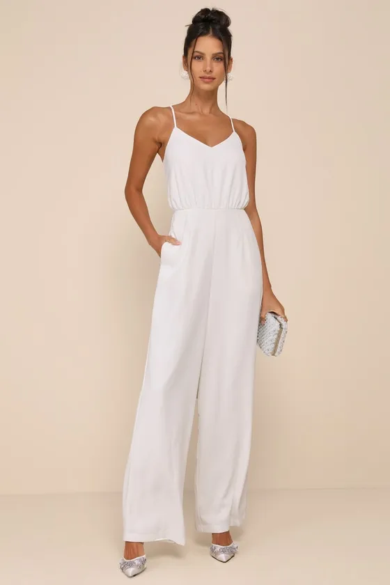 Flawless Pose White V-Neck Sleeveless Wide-Leg Jumpsuit sold by Lulus