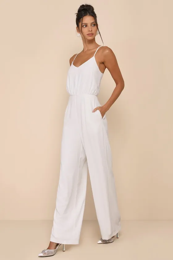 Flawless Pose White V-Neck Sleeveless Wide-Leg Jumpsuit sold by Lulus product image thumbnail 3