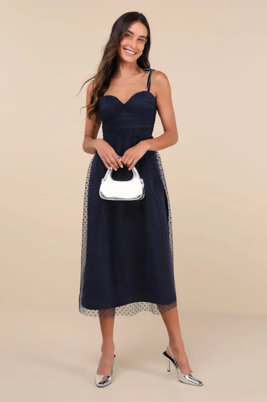 Spotted by You Navy Blue Polka Dot Velvet Tie-Strap Midi Dress sold by Lulus