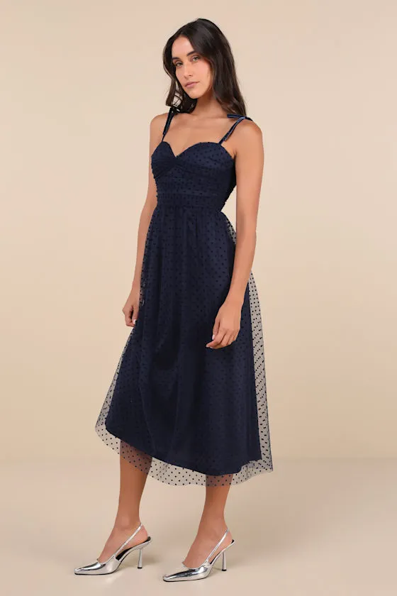 Spotted by You Navy Blue Polka Dot Velvet Tie-Strap Midi Dress sold by Lulus product image thumbnail 3
