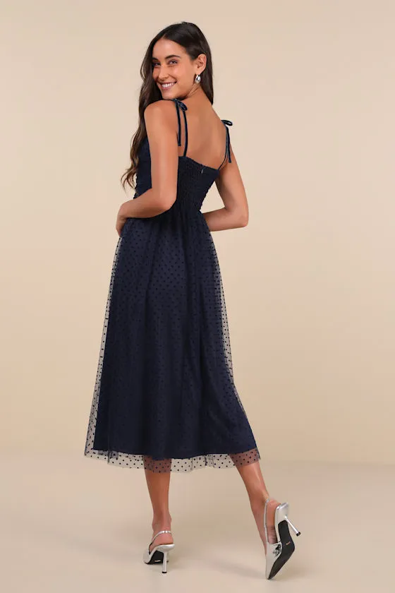 Spotted by You Navy Blue Polka Dot Velvet Tie-Strap Midi Dress sold by Lulus product image thumbnail 4