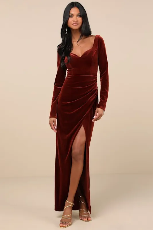Forever Sensational Rust Brown Velvet Long Sleeve Maxi Dress sold by Lulus