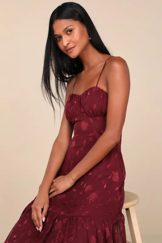 Poised Grace Burgundy Burnout Floral Bustier Tiered Maxi Dress sold by Lulus