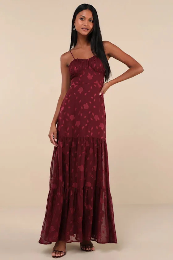 Poised Grace Burgundy Burnout Floral Bustier Tiered Maxi Dress sold by Lulus product image thumbnail 2