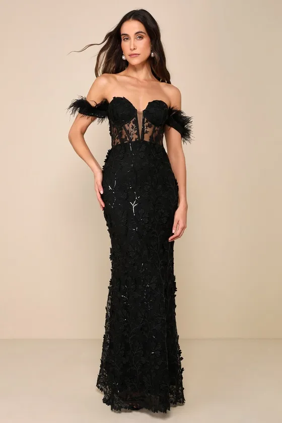 Midnight Sparkle Black Embroidered Feather Bustier Maxi Dress sold by Lulus