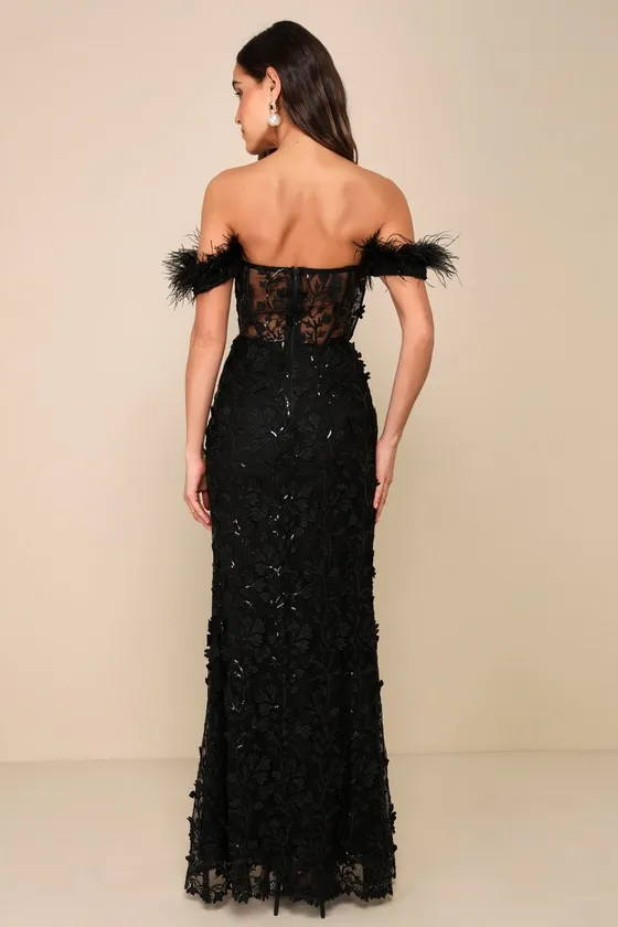 Midnight Sparkle Black Embroidered Feather Bustier Maxi Dress sold by Lulus product image thumbnail 2