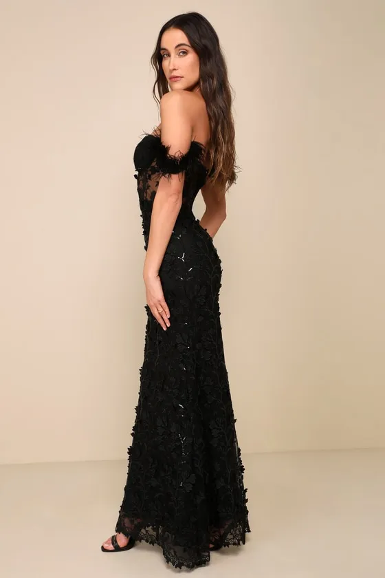 Midnight Sparkle Black Embroidered Feather Bustier Maxi Dress sold by Lulus product image thumbnail 3
