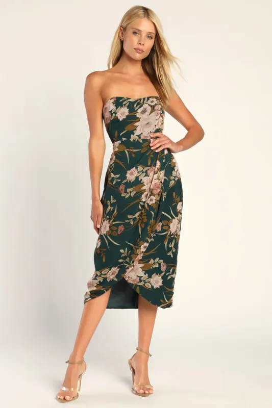 Effortless Charm Hunter Green Floral Strapless Tulip Midi Dress sold by Lulus