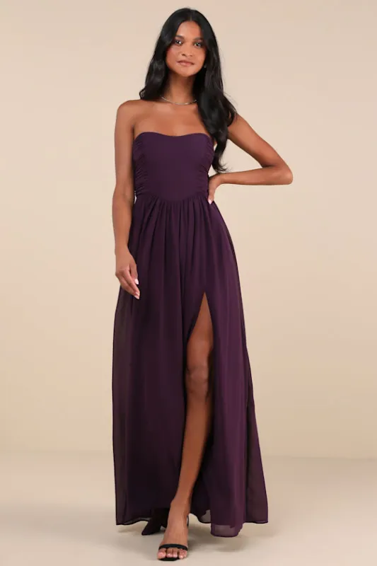 Luxe Favorite Dark Purple Strapless Ruched Maxi Dress sold by Lulus