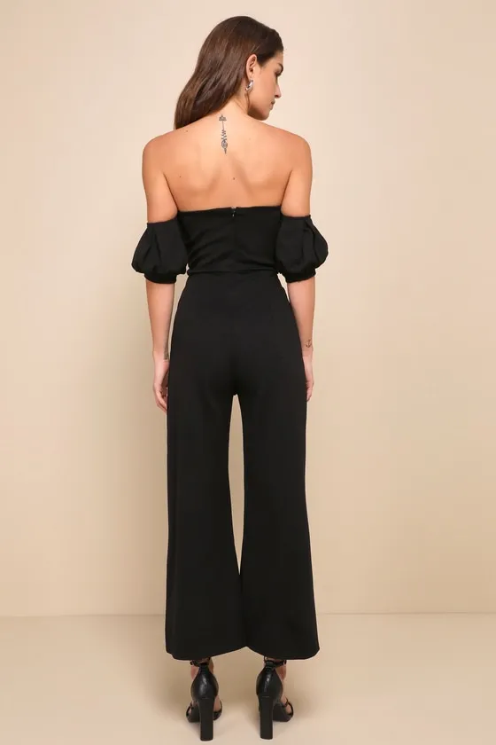 Impress Release Black Off-the-Shoulder Puff Sleeve Jumpsuit sold by Lulus product image thumbnail 2