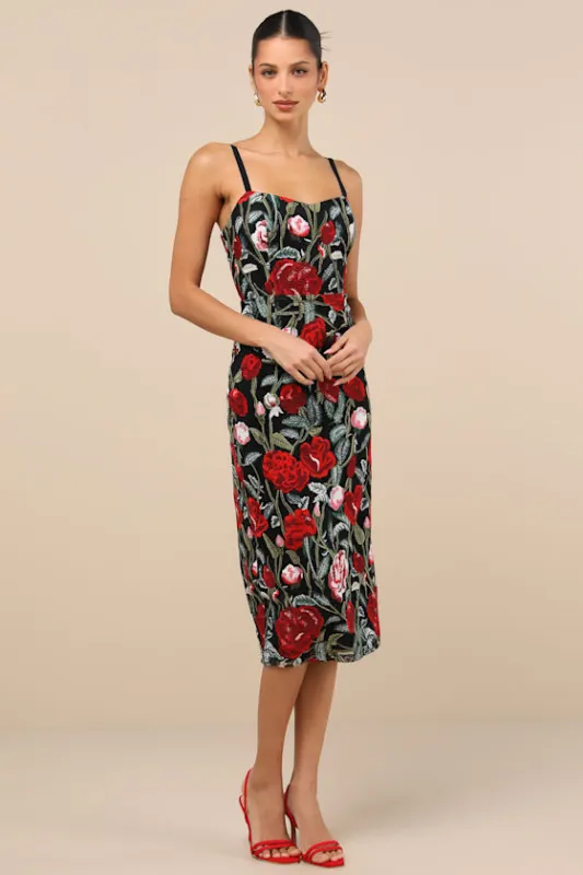 Notorious Refinement Black Multi Embroidered Lace-Up Midi Dress sold by Lulus