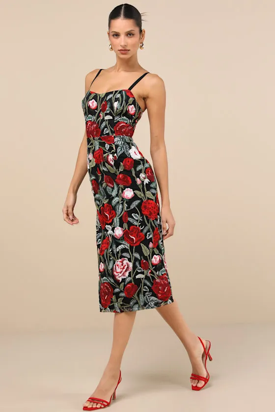 Notorious Refinement Black Multi Embroidered Lace-Up Midi Dress sold by Lulus product image thumbnail 4