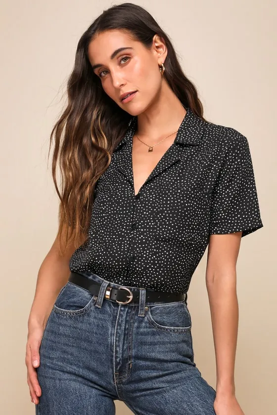 Good Luck Charm Black Polka Dot Short Sleeve Button-Up Top sold by Lulus