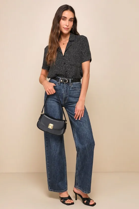 Good Luck Charm Black Polka Dot Short Sleeve Button-Up Top sold by Lulus product image thumbnail 3