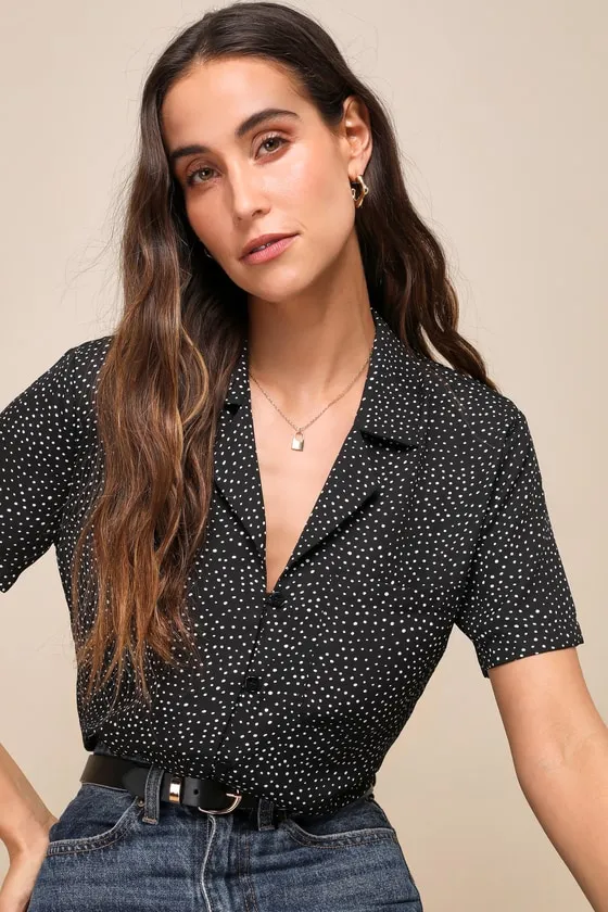 Good Luck Charm Black Polka Dot Short Sleeve Button-Up Top sold by Lulus product image thumbnail 4
