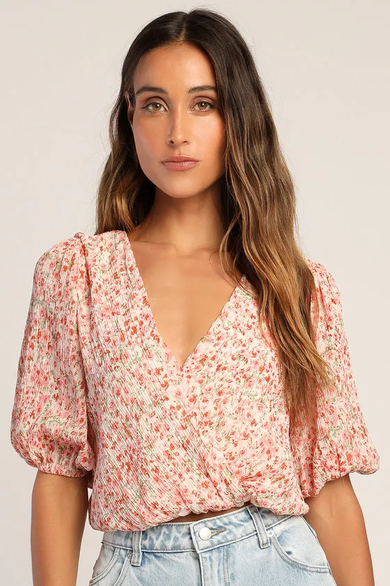 Flirty Florals Pink Floral Print Crinkle Surplice Crop Top sold by Lulus