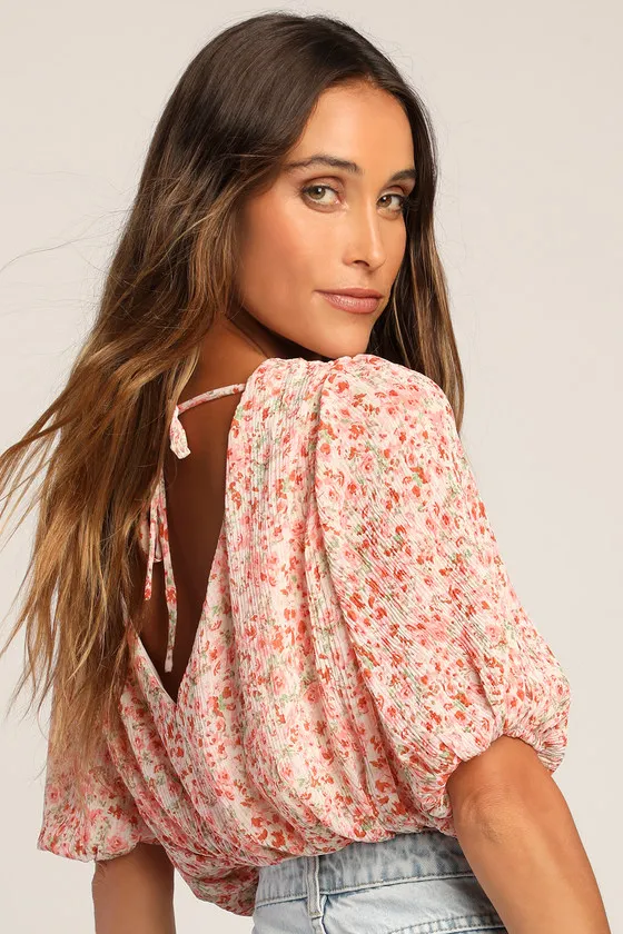 Flirty Florals Pink Floral Print Crinkle Surplice Crop Top sold by Lulus product image thumbnail 2