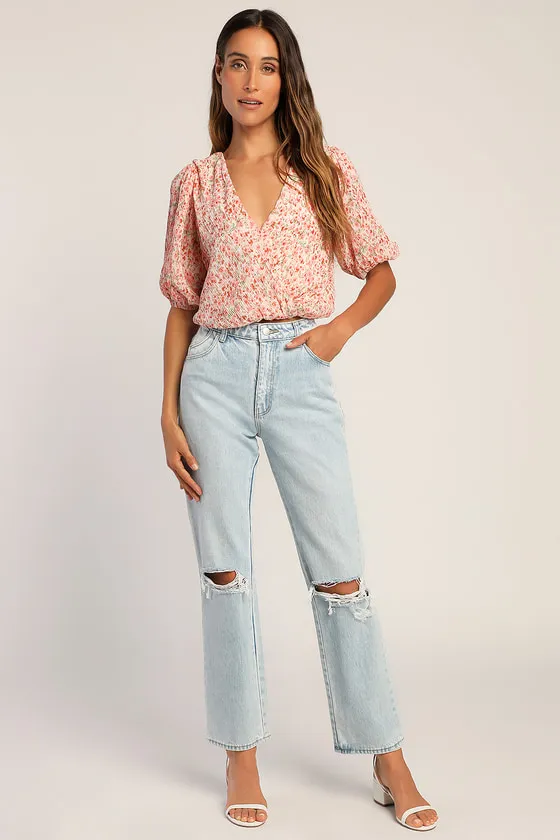 Flirty Florals Pink Floral Print Crinkle Surplice Crop Top sold by Lulus product image thumbnail 3