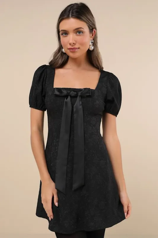 Polished Sweetie Black Jacquard Bow Puff Sleeve Mini Dress sold by Lulus