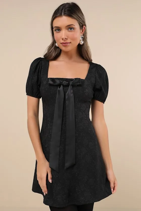 Polished Sweetie Black Jacquard Bow Puff Sleeve Mini Dress sold by Lulus