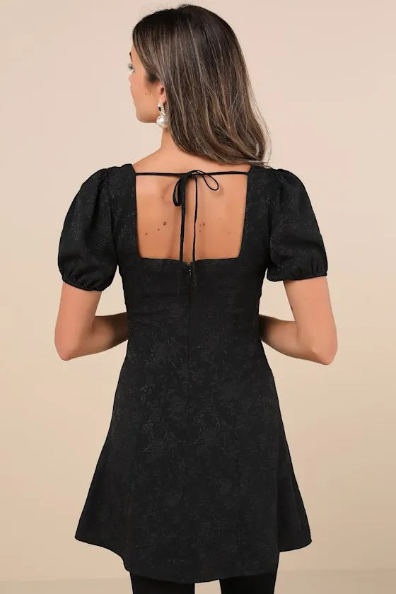 Polished Sweetie Black Jacquard Bow Puff Sleeve Mini Dress sold by Lulus product image thumbnail 2